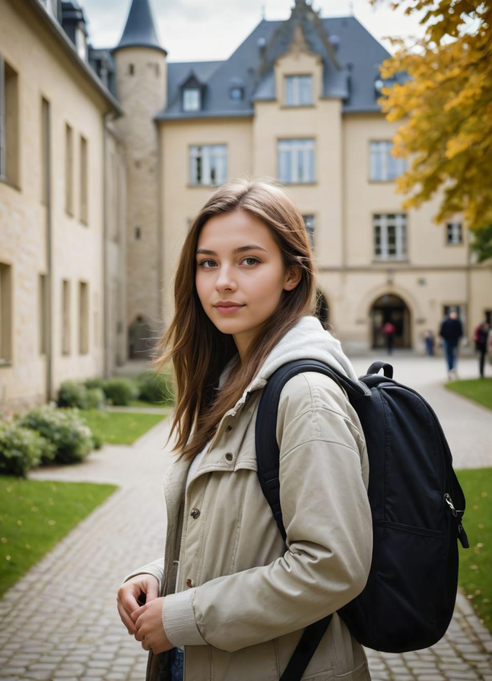 Photoréalisme,Photoréalisme, Personnes, fille,style campus, 1fille, sac, en plein air, sac à dos