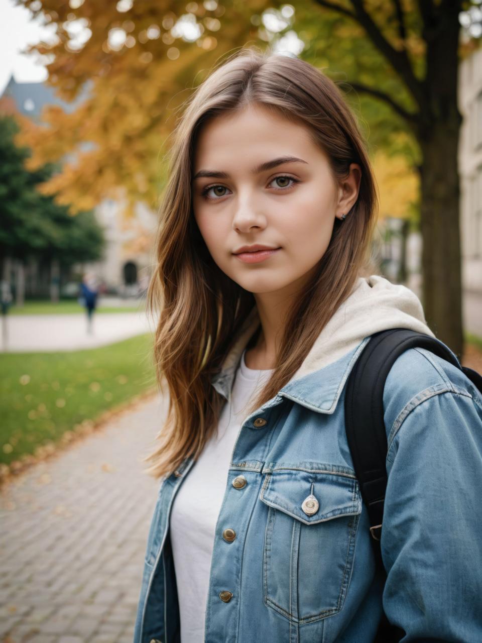 Échange de visage, Style Campus, Photoréalisme, Personnes, fille,style campus, 1fille, réaliste, veste en jean, en plein air, cheveux bruns, arbre, solo, regarder le spectateur, jean, veste, cheveux longs, sac, capot, arrière-plan flou, flou, bijoux, boucles d'oreilles, sac à dos, lèvres, haut du corps, yeux marrons, jour, sweatshirt à capuche, veste bleue, chemise