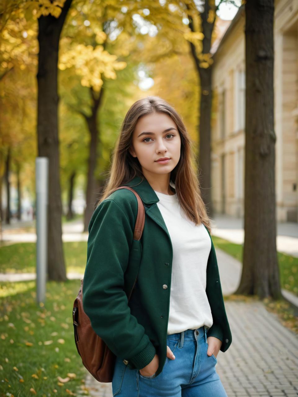 Ansigtsbytte, Campus stil, Fotografisk kunst, Mennesker, pige,campus stil, 1 pige, solo, bukser, udendørs, træ, brunt hår, taske, jakke, jeans, realistisk, denim, langt hår, grøn jakke, hænderne i lommerne, skjorte, hvid skjorte, ser på seeren, brune øjne, dag, sløret, stående, åbent tøj, bælte, cowboy skud, sløret baggrund, læber, blå bukser, åben jakke, bryster, rygsæk, vej