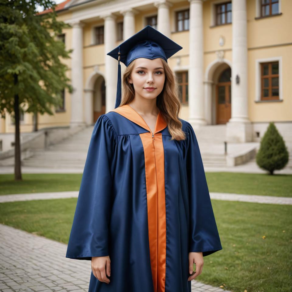 Face Swap, Campus Style, Photographic Art , People, girl, campus style, 1girl, solo, outdoors, long hair, hat, blonde hair, looking at viewer, tree, standing, grass, blurry, day, robe, realistic, long sleeves, closed mouth, house, building, blue headwear, blurry background, cosplay, brown eyes, blue eyes