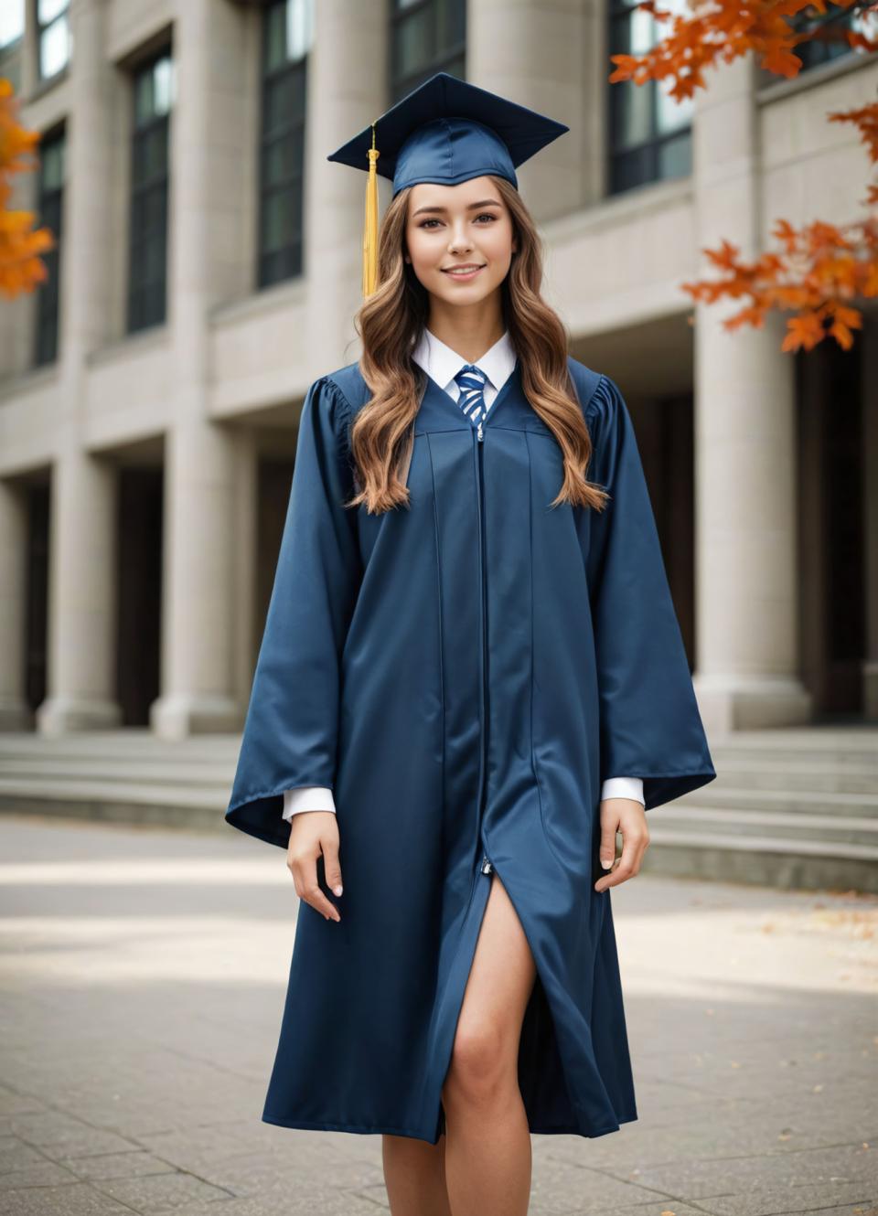 Face Swap, Campus Style, Photographic Art , People, girl, campus style, solo, 1girl, long hair, hat, brown hair, looking at viewer, blurry, smile, blurry background, outdoors, realistic, brown eyes, blue headwear, standing, long sleeves, necktie, day, feet out of frame, building