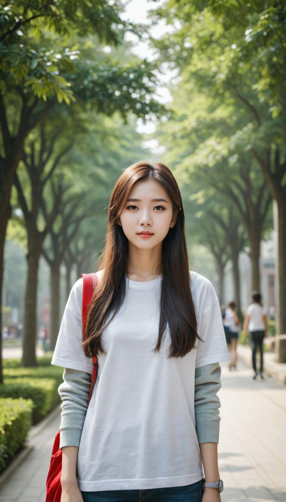 Face Swap, Campus Style, Photographic Art , People, girl, campus style, outdoors, 1girl, tree, brown hair, long hair, solo focus, denim, bag, shirt, brown eyes, watch, pants, blurry, jeans, blurry background, looking at viewer, realistic, day, wristwatch, white shirt, lips, parted lips, jewelry, road, bracelet, standing