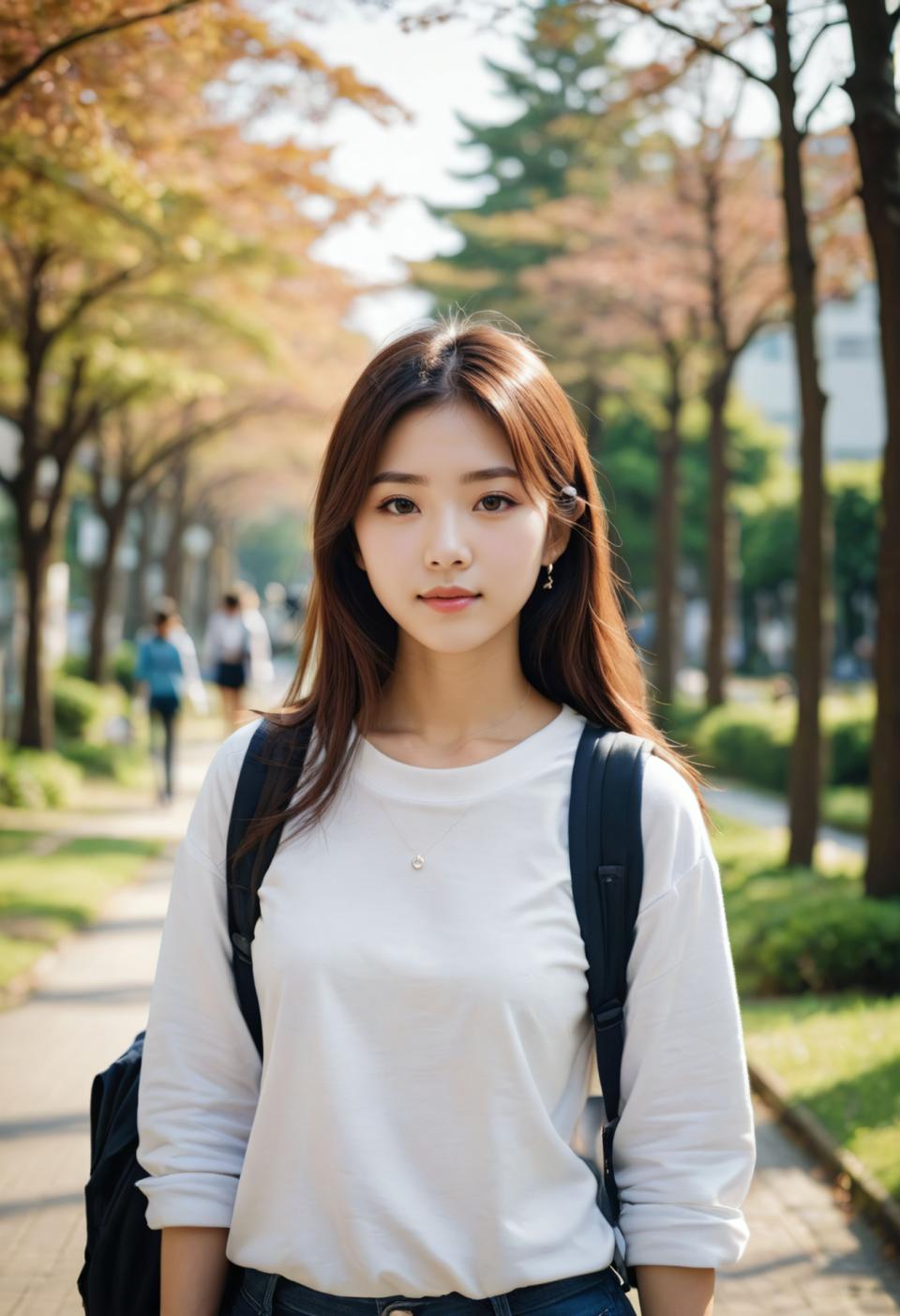 Face Swap, Campus Style, Photographic Art , People, girl, campus style, jewelry, bag, brown hair, outdoors, 1girl, solo focus, long hair, tree, looking at viewer, brown eyes, realistic, denim, shirt, earrings, blurry background, blurry, necklace, pants, jeans, white shirt, lips, day