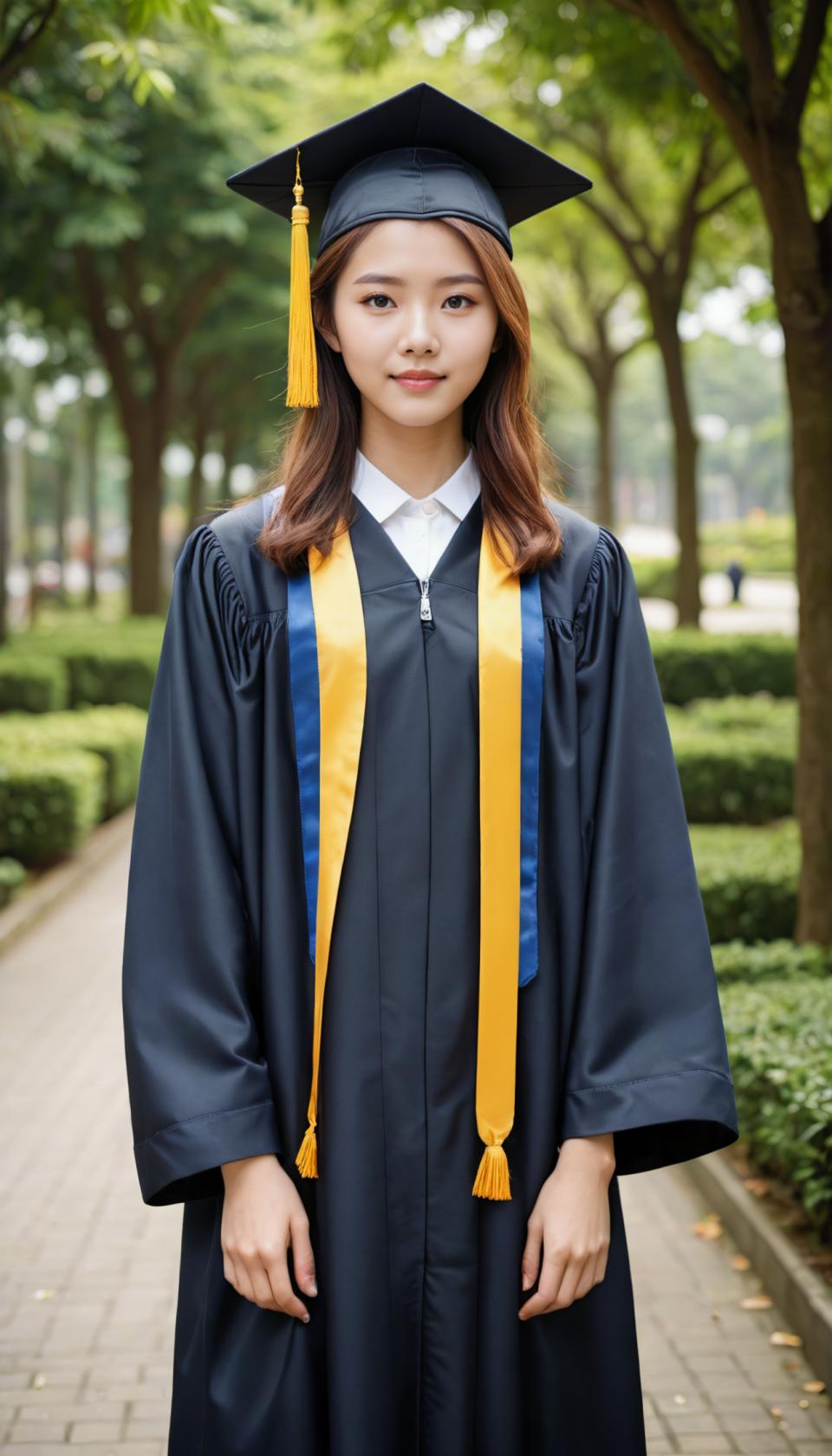 Face Swap, Campus Style, Photographic Art , People, girl, campus style, 1girl, solo, brown hair, hat, looking at viewer, brown eyes, outdoors, long hair, tree, blurry, blurry background, photo background, standing, realistic, long sleeves, cosplay, closed mouth, lips, smile