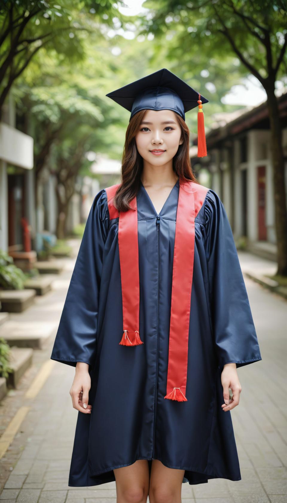 Face Swap, Campus Style, Photographic Art , People, girl, campus style, 1girl, solo, hat, brown hair, looking at viewer, long hair, outdoors, blurry, brown eyes, blurry background, cosplay, photo background, tree, standing, smile, long sleeves, tassel, dress, feet out of frame