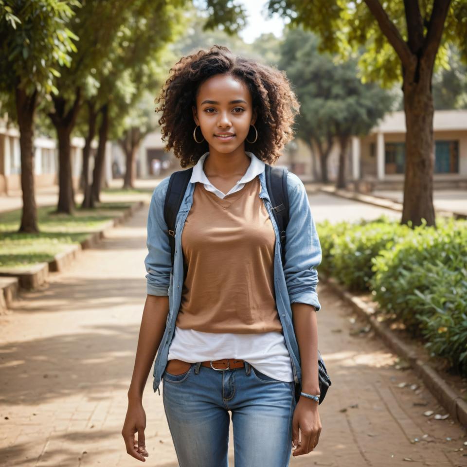 Face Swap, Campus Style, Photographic Art , People, girl, campus style, 1girl, solo, jewelry, pants, earrings, hoop earrings, outdoors, denim, tree, jeans, brown hair, dark skin, dark-skinned female, shirt, realistic, brown eyes, looking at viewer, bag, day, belt, road, afro, bracelet, curly hair, white shirt, lips, collared shirt, standing, backpack, blurry, jacket, cowboy shot