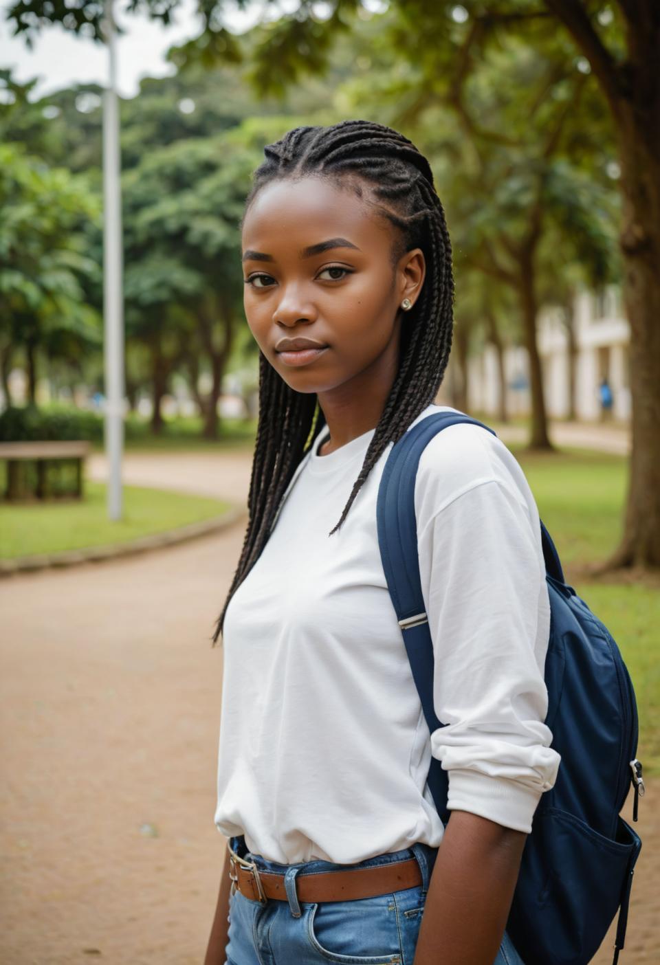 Face Swap, Campus Style, Photographic Art , People, girl, campus style, 1girl, solo, bag, black hair, dark skin, realistic, dark-skinned female, backpack, shirt, outdoors, denim, long hair, belt, photo background, jewelry, blurry background, looking at viewer, white shirt, earrings, tree, blurry, pants