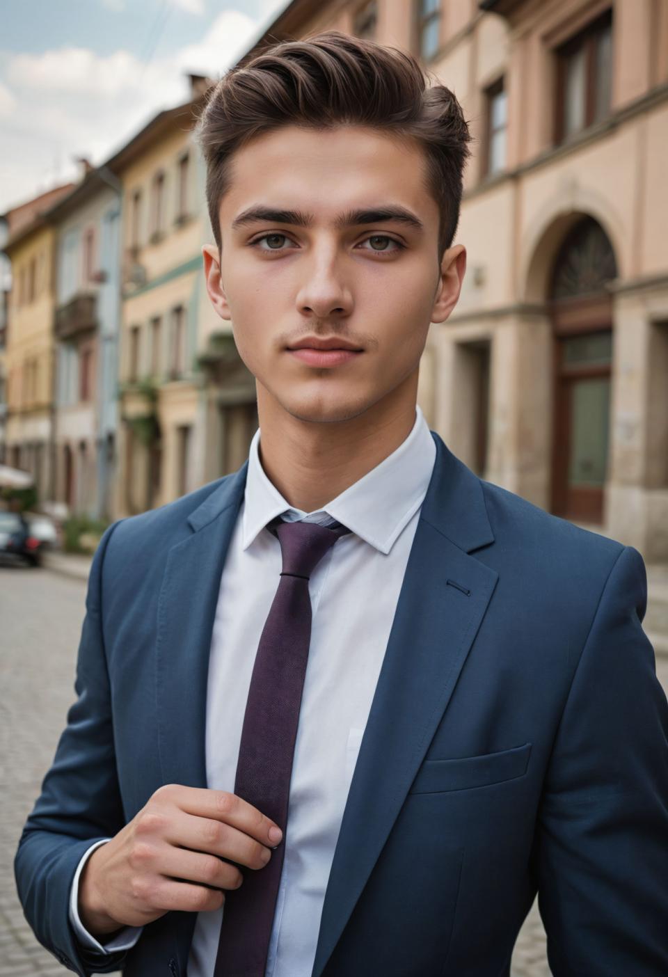 Arc Csere, Business Style, Photographic Art , People, man, business style, necktie, 1boy, male focus, solo, shirt, outdoors, looking at viewer, blurry background, realistic, blurry, white shirt, jacket, day, formal, suit, collared shirt, building, upper body, short hair, blue jacket, sky, closed mouth, brown hair, black hair, long sleeves, purple necktie