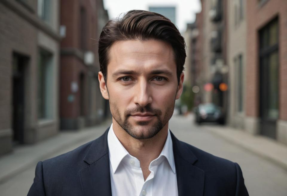 Arc Csere, Business Style, Photographic Art , People, man, business style, 1boy, realistic, male focus, solo, shirt, facial hair, blurry background, blurry, looking at viewer, white shirt, collared shirt, outdoors, jacket, formal, city, street, road, suit, building, black hair, beard, black jacket, depth of field, upper body, day, closed mouth, brown hair, short hair