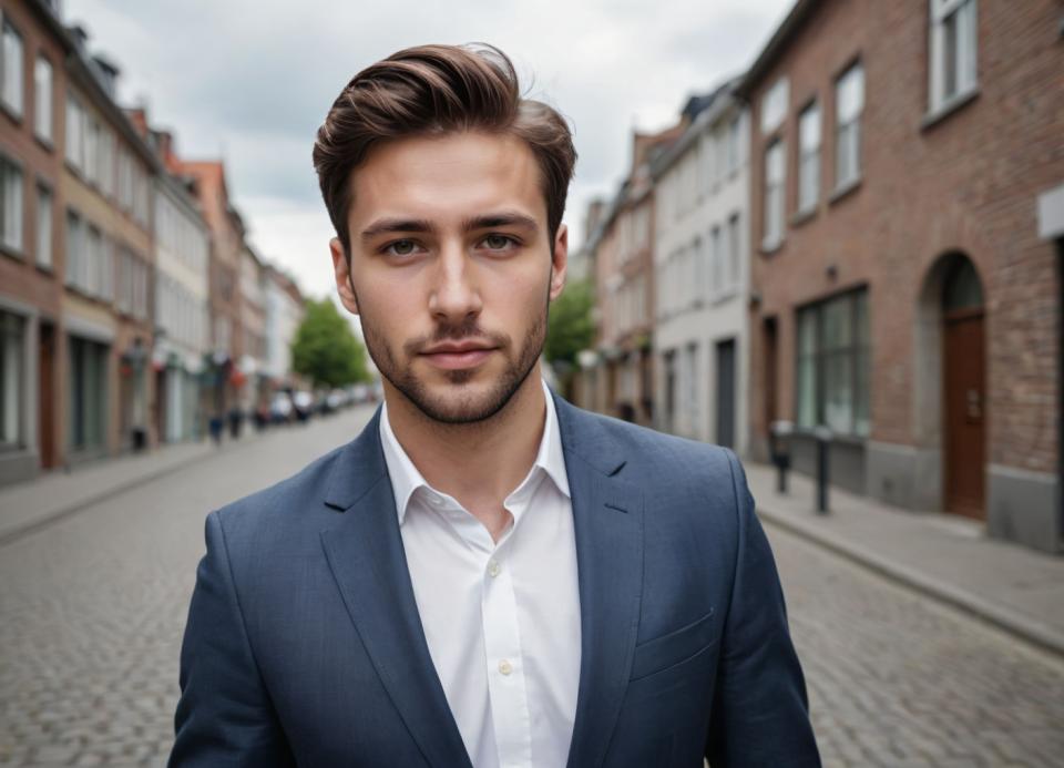 Intercambio de Rostro, Estilo empresarial, Realismo fotográfico, Gente, hombre,estilo de negocios, 1 chico, enfoque masculino, realista, camisa, al aire libre, mirando al espectador, borroso, fondo borroso, vello facial, día, camisa blanca, cabello castaño, solo, camisa con cuello, edificio, chaqueta, parte superior del cuerpo, cielo, ojos marrones, nube, formal, chaqueta azul, barba, traje, pelo corto, fondo de la foto, boca cerrada, profundidad de campo