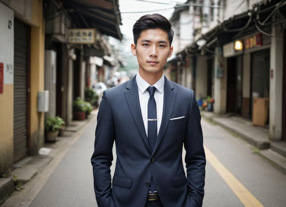 Arc Csere, Business Style, Photographic Art , People, man, business style, 1boy, male focus, necktie, solo, formal, realistic, black hair, shirt, outdoors, suit, looking at viewer, blurry background, blurry, photo background, belt, jacket, white shirt, day, collared shirt, hands in pockets, blue necktie, black necktie, road, street, building, closed mouth, upper body, black eyes, pants