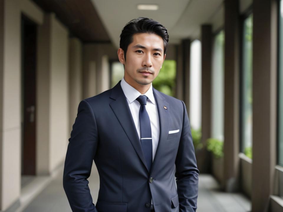 Arc Csere, Business Style, Photographic Art , People, man, business style, 1boy, male focus, necktie, solo, shirt, black hair, blurry background, formal, realistic, jacket, blurry, suit, indoors, looking at viewer, white shirt, blue necktie, facial hair, collared shirt, upper body, short hair, window, blue jacket, closed mouth, long sleeves, day, black eyes, black jacket, pocket, brown eyes