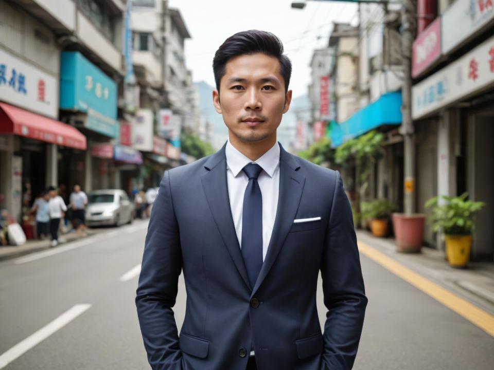 Arc Csere, Business Style, Photographic Art , People, man, business style, necktie, male focus, shirt, blurry background, outdoors, blurry, realistic, black hair, 1boy, formal, white shirt, collared shirt, looking at viewer, jacket, suit, facial hair, street, road, day, solo focus, car, blue necktie, plant, city, motor vehicle, building, hands in pockets, upper body, black jacket, closed mouth, potted plant, ground vehicle, short hair, brown eyes, long sleeves, depth of field, black necktie, blue jacket, lips