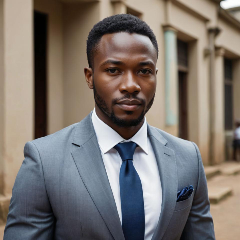 Arc Csere, Business Style, Photographic Art , People, man, business style, necktie, shirt, 1boy, male focus, blue necktie, realistic, blurry background, jacket, formal, looking at viewer, white shirt, black hair, facial hair, collared shirt, indoors, blurry, dark skin, suit, grey jacket, dark-skinned male, upper body, solo, beard, closed mouth, short hair, black eyes, striped