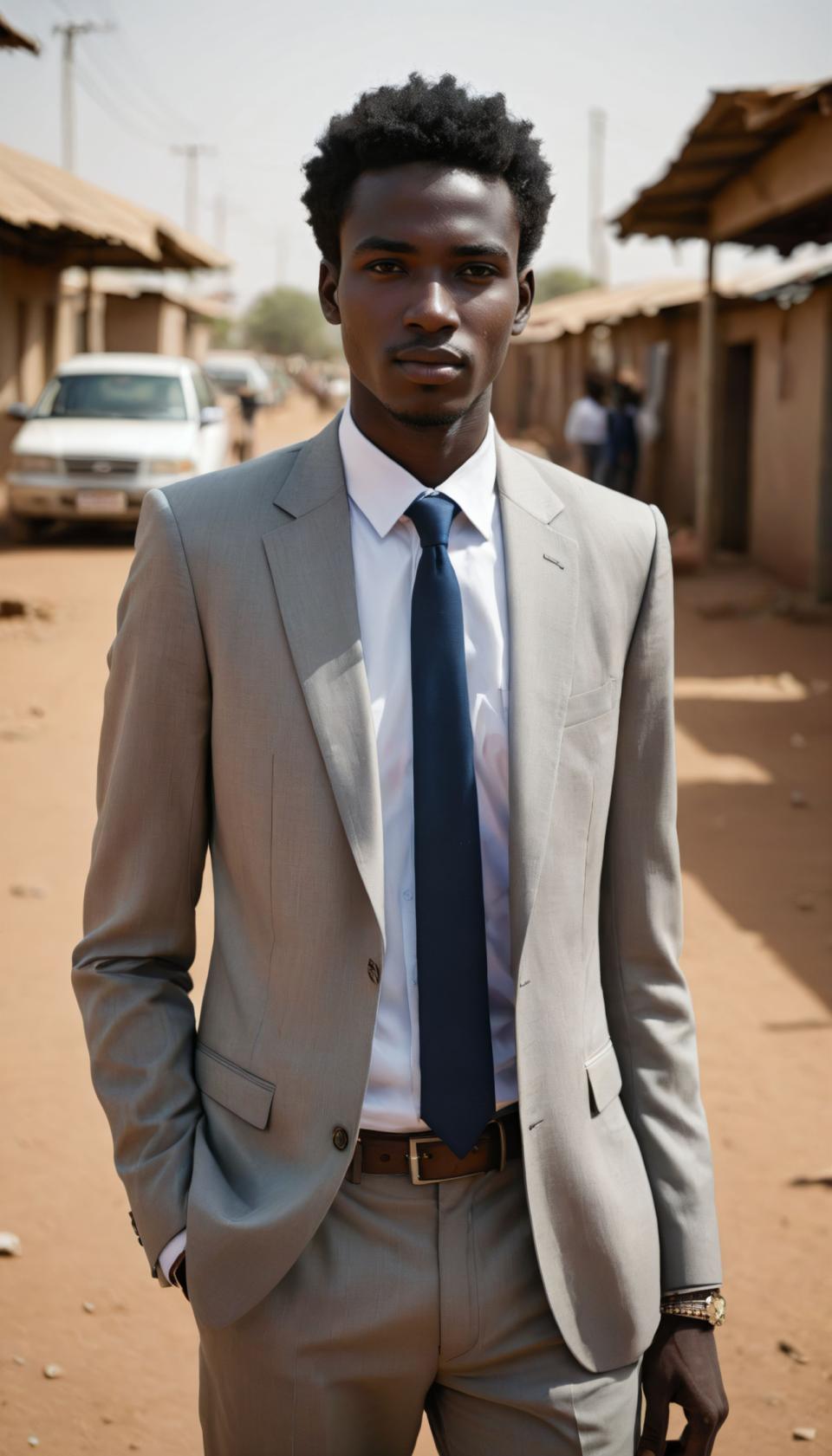 Arc Csere, Business Style, Photographic Art , People, man, business style, necktie, watch, wristwatch, 1boy, shirt, dark skin, jacket, male focus, pants, black hair, formal, dark-skinned male, suit, belt, outdoors, white shirt, hand in pocket, blurry background, car, looking at viewer, collared shirt, blue necktie, grey jacket, photo background, blurry, ground vehicle, very dark skin, motor vehicle, afro, standing, brown pants, cowboy shot, solo, long sleeves, realistic, open jacket, road, grey pants, open clothes, black belt, street, parted lips