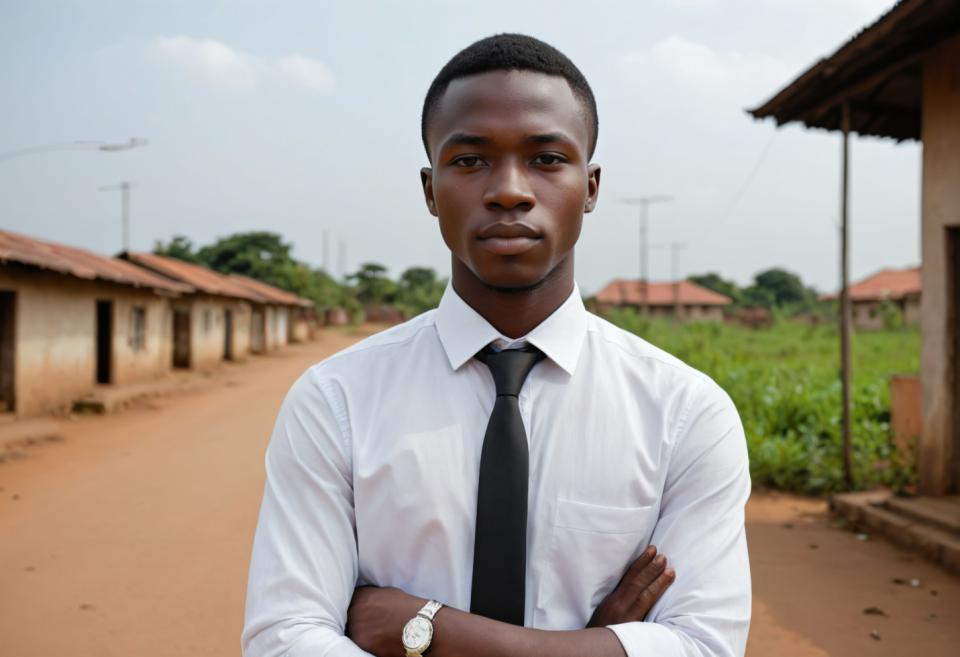 Arc Csere, Business Style, Photographic Art , People, man, business style, 1boy, male focus, shirt, outdoors, necktie, solo, dark-skinned male, watch, dark skin, wristwatch, realistic, looking at viewer, day, white shirt, blurry background, blurry, crossed arms, black hair, sky, collared shirt, black necktie, upper body, cloud, facial hair, very dark skin, blue sky, brown eyes