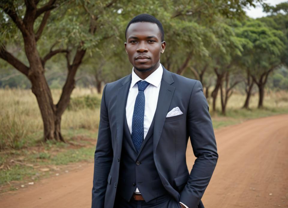 Arc Csere, Business Style, Photographic Art , People, man, business style, 1boy, necktie, shirt, male focus, outdoors, photo background, solo, jacket, blue necktie, tree, pants, white shirt, black hair, formal, looking at viewer, black jacket, blurry background, suit, collared shirt, day, facial hair, pocket, realistic, belt, blurry, dark skin, black pants, long sleeves, hand in pocket, dark-skinned male, vest, breast pocket, black eyes, short hair, standing