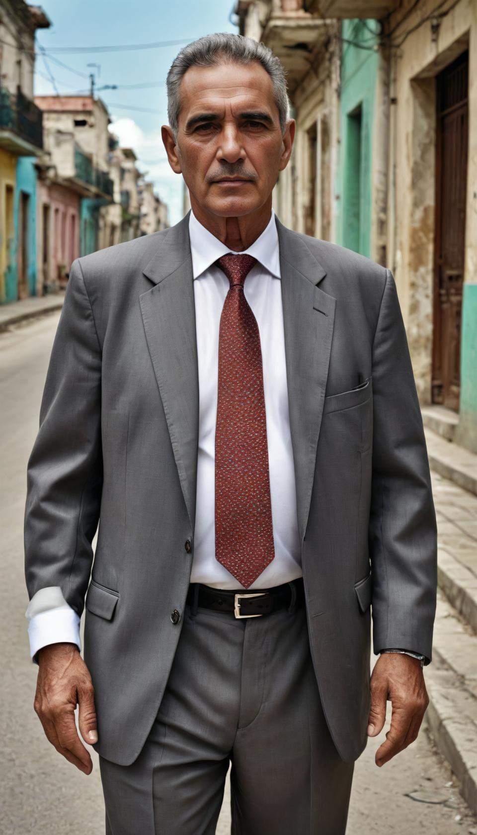 Arc Csere, Business Style, Photographic Art , People, man, business style, 1boy, necktie, shirt, male focus, solo, pants, outdoors, belt, formal, jacket, red necktie, photo background, realistic, suit, white shirt, blurry background, collared shirt, day, looking at viewer, long sleeves, black belt, dark skin, standing, black pants, blurry, grey hair, arms at sides, closed mouth, open clothes, dark-skinned male, building, cowboy shot, sky, open jacket, grey pants, grey jacket, short hair, black jacket, very short hair