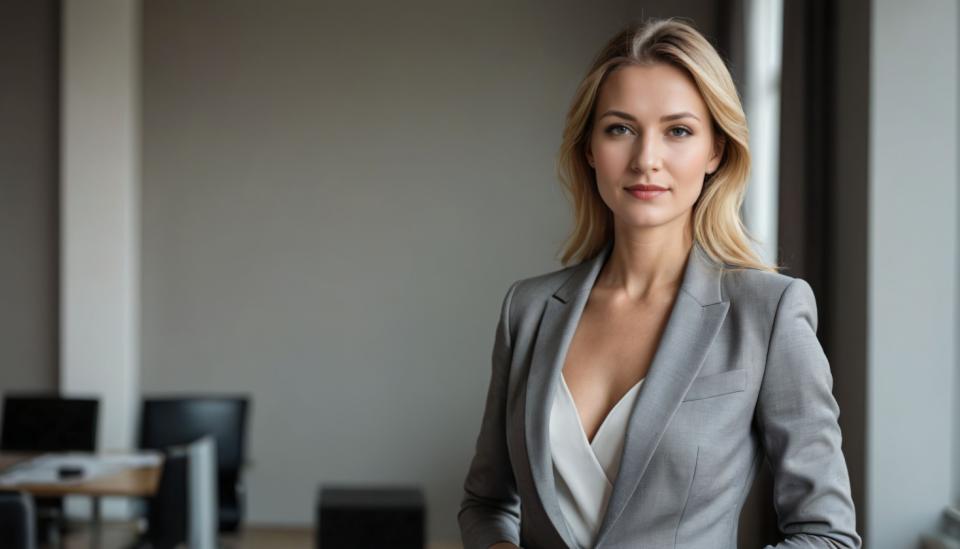 Arc Csere, Business Style, Photographic Art , People, woman, business style, 1girl, solo, blonde hair, realistic, breasts, blue eyes, cleavage, long hair, blurry, indoors, chair, upper body, looking at viewer, jacket, lips, freckles, office, formal