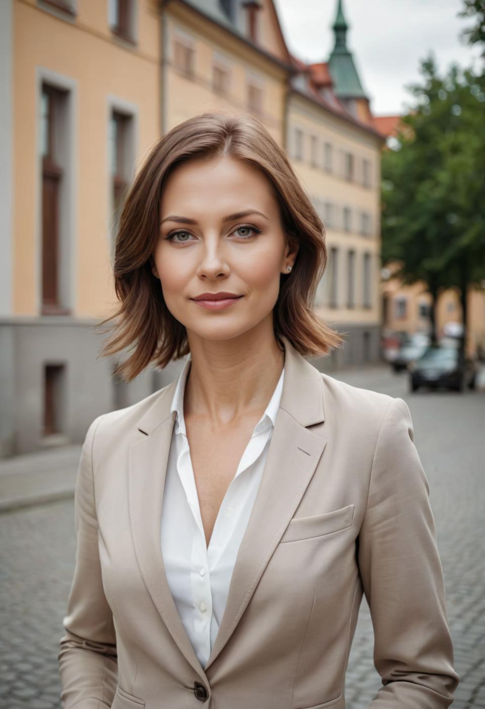 Arc Csere, Business Style, Photographic Art , People, woman, business style, 1girl, solo, brown hair, realistic, outdoors, looking at viewer, blurry background, blurry, building, earrings, shirt, brown eyes, jewelry, upper body, day, short hair, white shirt, jacket, lips, hands in pockets, smile, tree