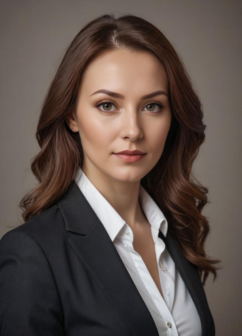 Arc Csere, Business Style, Photographic Art , People, woman, business style, 1girl, solo, brown hair, realistic, brown eyes, looking at viewer, long hair, shirt, upper body, formal, suit, lips, white shirt, simple background, collared shirt, jacket