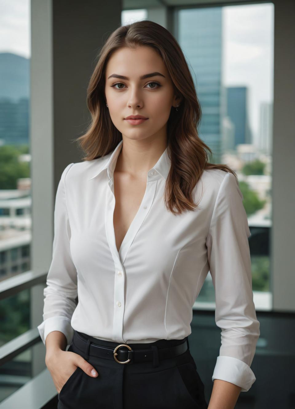 Photographic Art,Photographic Art , People, woman, business style, 1girl, solo, brown hair, shirt, realistic