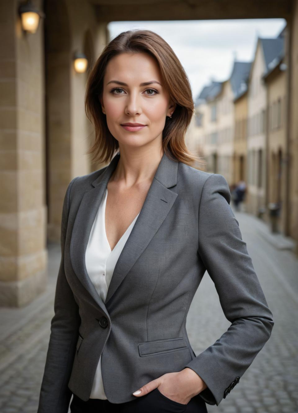 Arc Csere, Business Style, Photographic Art , People, woman, business style, 1girl, brown hair, solo, realistic, brown eyes, hand in pocket, formal, looking at viewer, jacket, suit, outdoors, blurry background, shirt, smile, blurry, breasts, lips