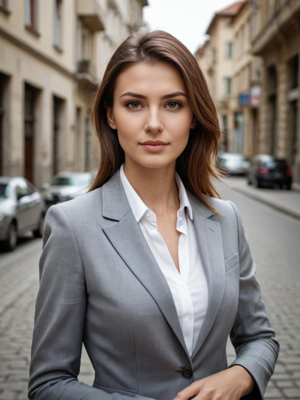 Arc Csere, Business Style, Photographic Art , People, woman, business style, 1girl, solo, brown hair, realistic, brown eyes, photo background, looking at viewer, shirt, car, ground vehicle, outdoors, blurry background, motor vehicle, blurry, formal, white shirt, grey jacket, jacket, street, suit, collared shirt, lips, day, upper body, road, building, long hair