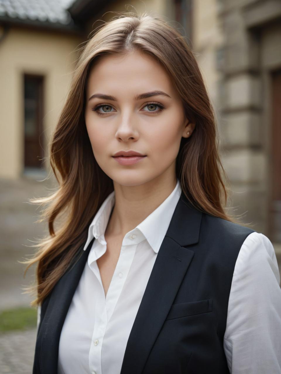 Photographic Art,Photographic Art , People, woman, business style, 1girl, solo, realistic, vest, brown hair