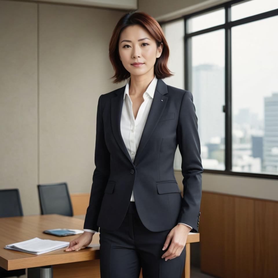 Arc Csere, Business Style, Photographic Art , People, woman, business style, 1girl, solo, brown hair, formal, suit, indoors, office, brown eyes, realistic, window, phone, short hair, desk, pants, shirt, looking at viewer, cellphone, chair, jacket, standing, white shirt, office lady, black pants, computer, lips, collared shirt, smartphone, blurry