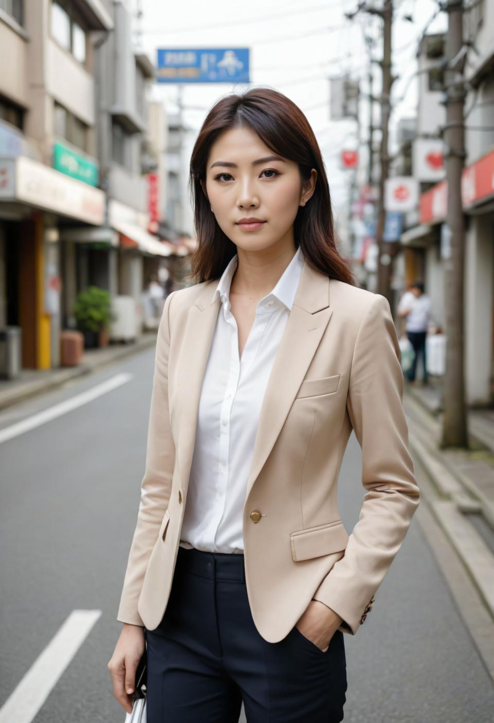 Arc Csere, Business Style, Photographic Art , People, woman, business style, 1girl, pants, realistic, solo, street, outdoors, shirt, brown hair, jacket, looking at viewer, white shirt, blurry, hand in pocket, road, blurry background, brown eyes, long hair, collared shirt, bag, photo background, city, cowboy shot, holding, lips, standing, day, brown jacket, holding bag, open clothes