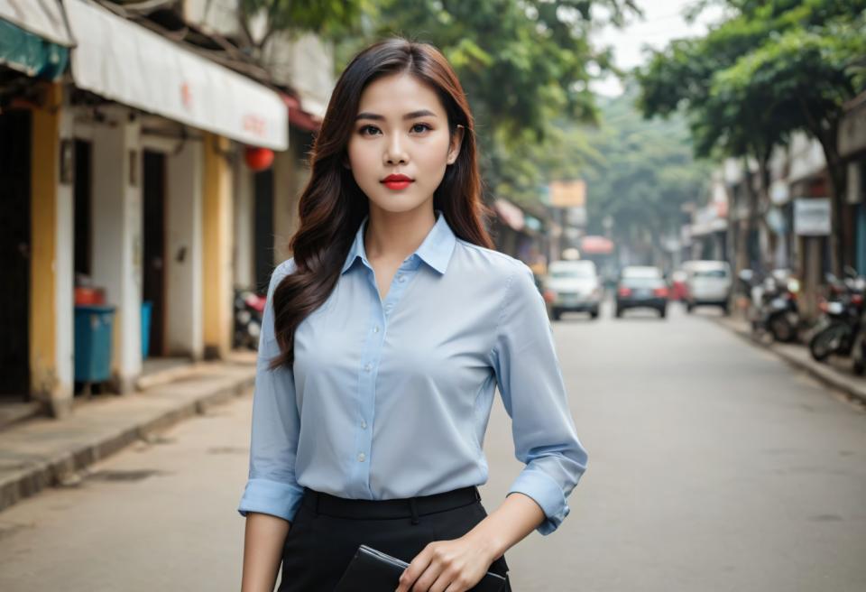 Arc Csere, Business Style, Photographic Art , People, woman, business style, 1girl, solo, brown hair, shirt, outdoors, ground vehicle, long hair, motor vehicle, looking at viewer, brown eyes, photo background, blurry, blurry background, day, realistic, collared shirt, car, tree, holding, blue shirt, lips, road, white shirt, red lips, skirt