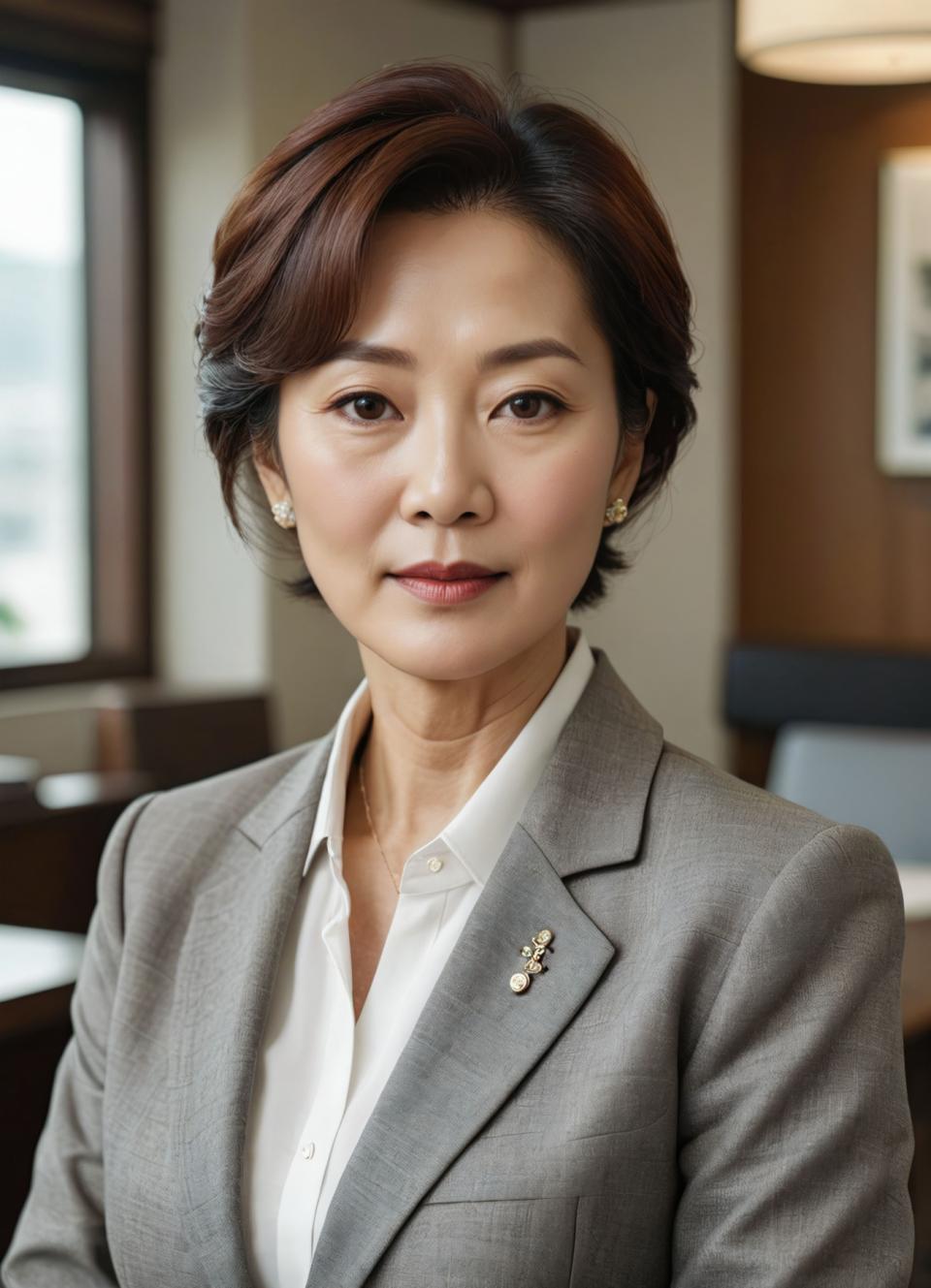 Arc Csere, Business Style, Photographic Art , People, woman, business style, 1girl, solo, jewelry, earrings, brown hair, realistic, short hair, brown eyes, looking at viewer, formal, upper body, shirt, indoors, office, lips, blurry, suit, jacket, grey jacket, blurry background, white shirt