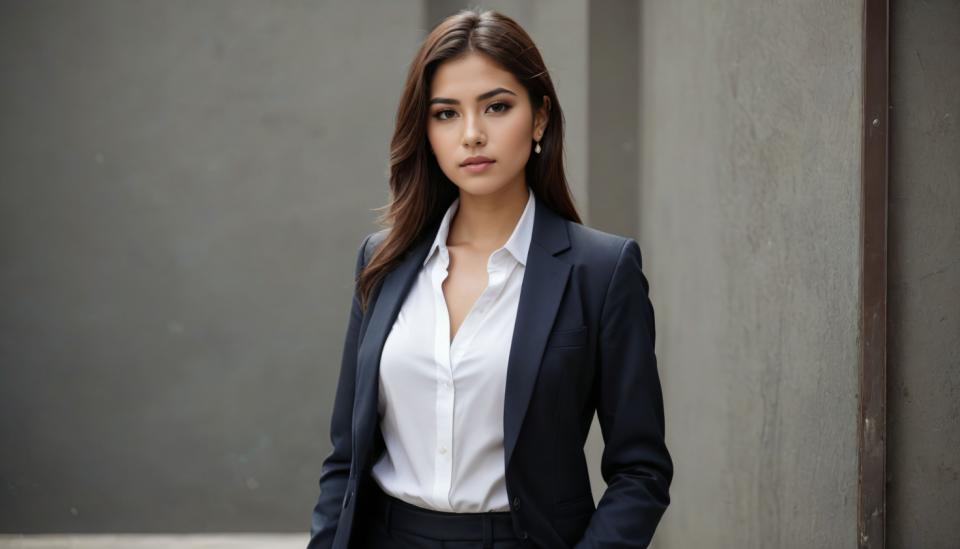 Arc Csere, Business Style, Photographic Art , People, woman, business style, 1girl, solo, brown hair, shirt, long hair, brown eyes, jacket, earrings, jewelry, white shirt, looking at viewer, formal, suit, dark-skinned female, hands in pockets, open clothes, collared shirt, realistic, lips, dress shirt, dark skin, black jacket, collarbone, open jacket, indoors, black pants, upper body, long sleeves, pants