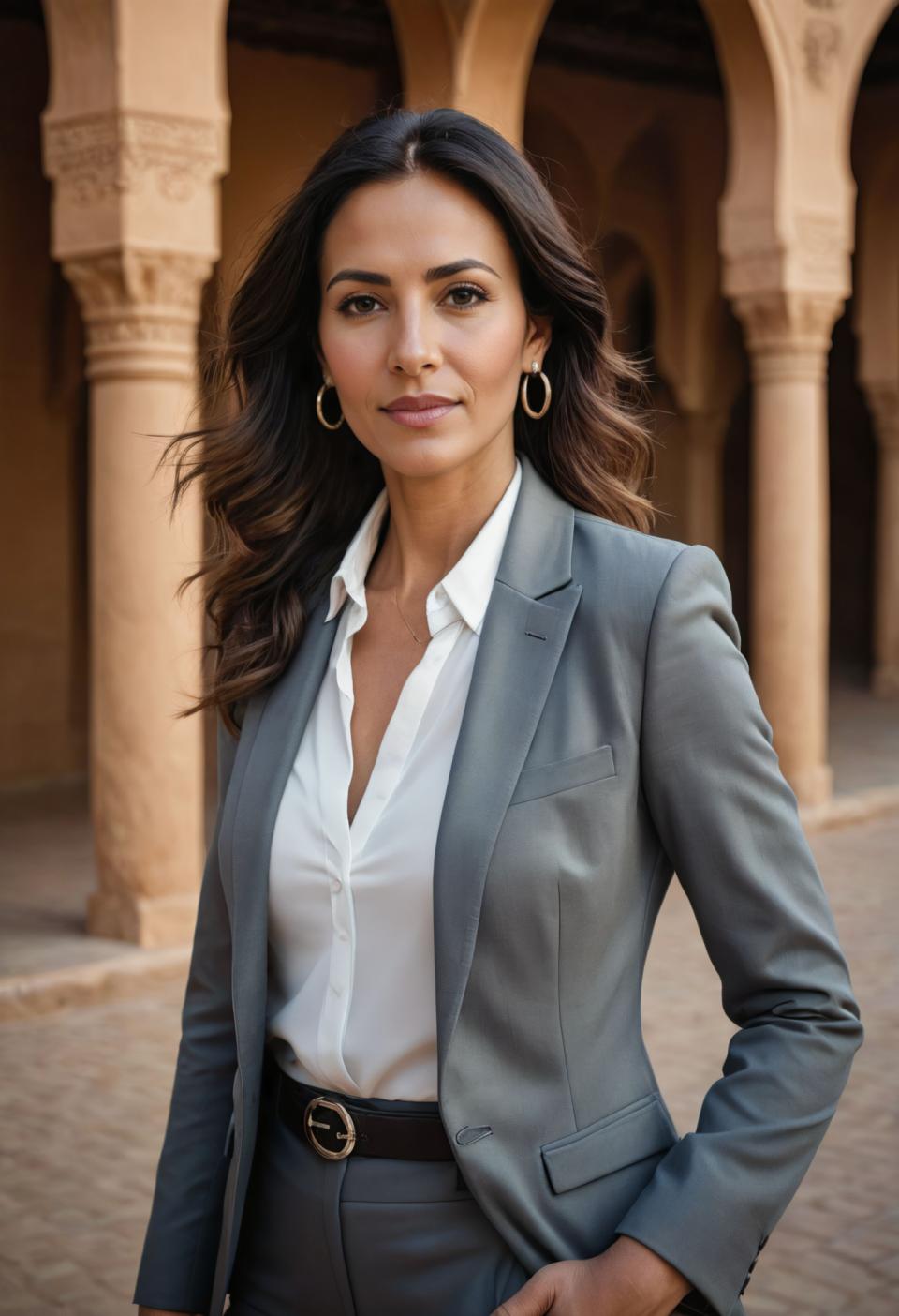 Arc Csere, Business Style, Photographic Art , People, woman, business style, 1girl, solo, jewelry, earrings, belt, shirt, long hair, realistic, looking at viewer, pants, hoop earrings, brown eyes, jacket, black hair, white shirt, black belt, formal, suit, shirt tucked in, hand in pocket, collared shirt, lips, standing, belt buckle