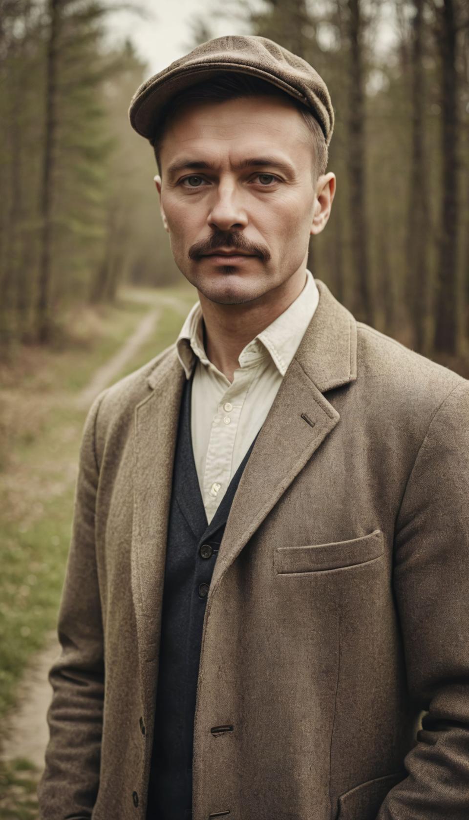 Face Swap, Vintage Style, Photographic Art , People, man, vintage style, 1boy, male focus, hat, realistic, solo, facial hair, shirt, looking at viewer, outdoors, tree, mustache, white shirt, vest, brown jacket, jacket, collared shirt, upper body, blurry background, nature