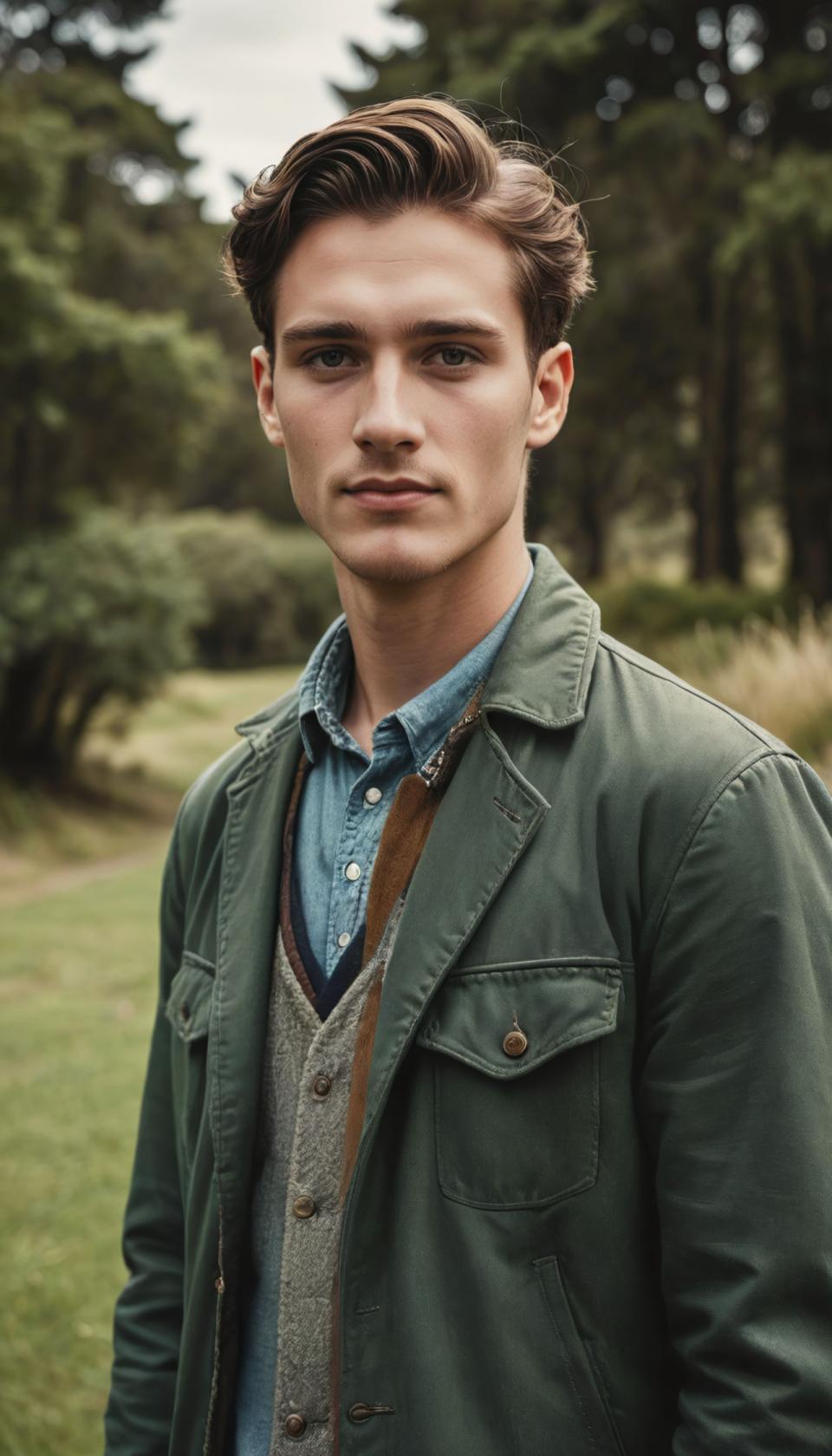 Face Swap, Vintage Style, Photographic Art , People, man, vintage style, male focus, solo, 1boy, outdoors, shirt, brown hair, jacket, blurry background, looking at viewer, realistic, blurry, tree, vest, upper body, day, collared shirt, blue shirt, short hair, pocket, green jacket, brown eyes