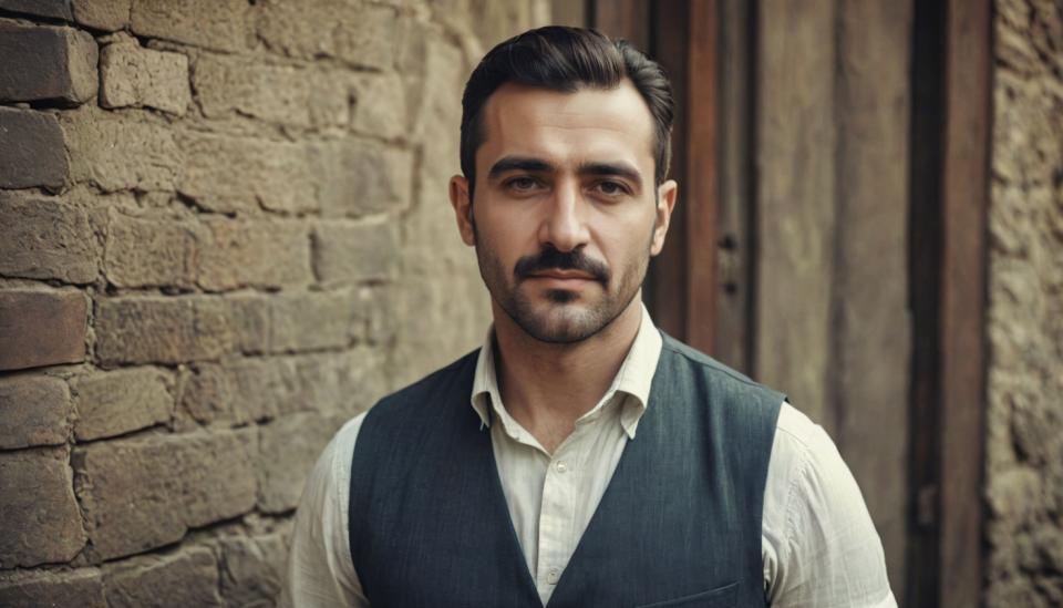 Face Swap, Vintage Style, Photographic Art , People, man, vintage style, 1boy, facial hair, male focus, solo, realistic, black hair, mustache, vest, shirt, beard, looking at viewer, white shirt, upper body