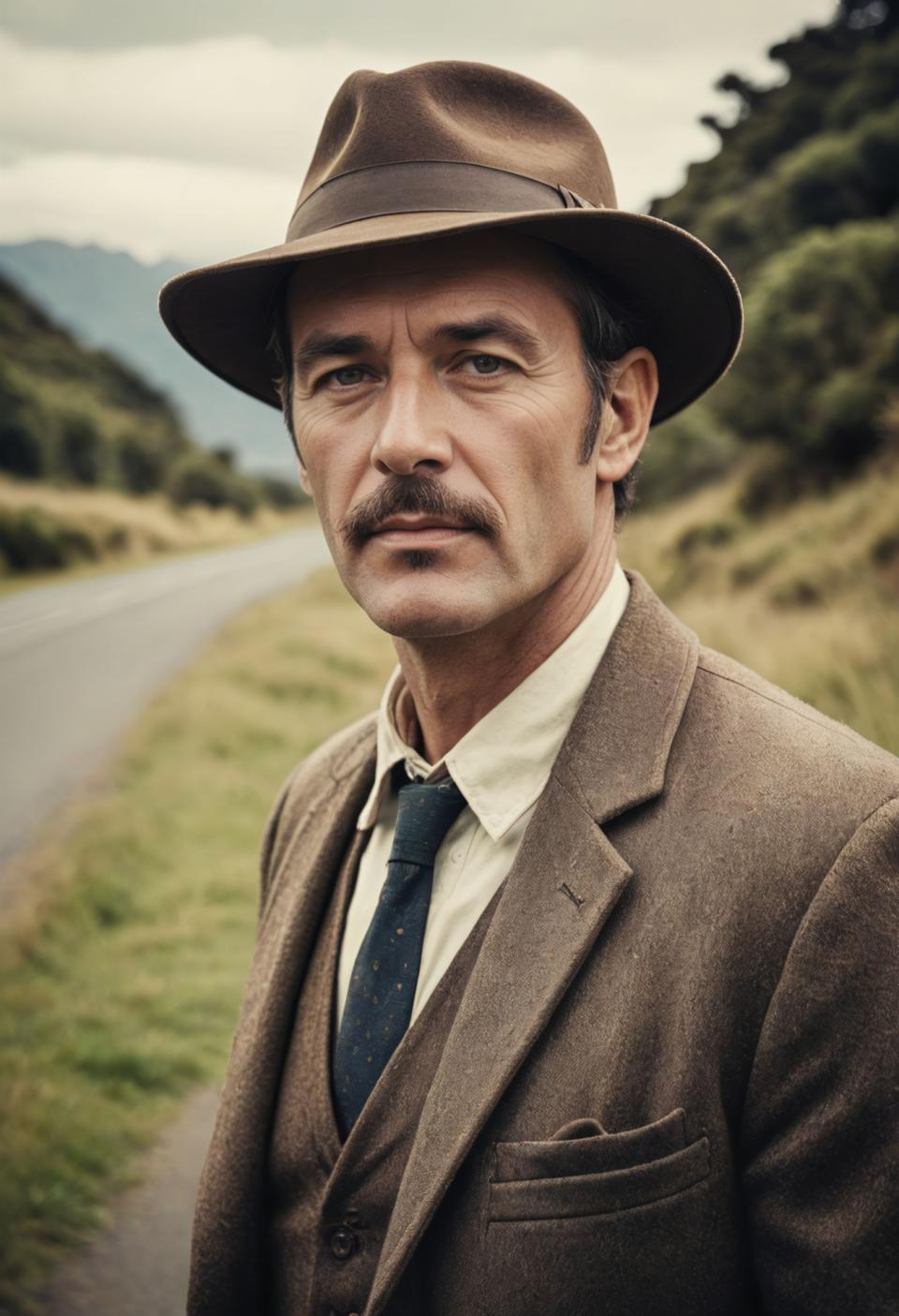 Face Swap, Vintage Style, Photographic Art , People, man, vintage style, 1boy, male focus, necktie, solo, hat, blue necktie, outdoors, shirt, realistic, facial hair, black hair, brown headwear, white shirt, blurry background, collared shirt, upper body, looking at viewer, mustache, blurry, formal, jacket, brown jacket, day, suit, closed mouth, black eyes