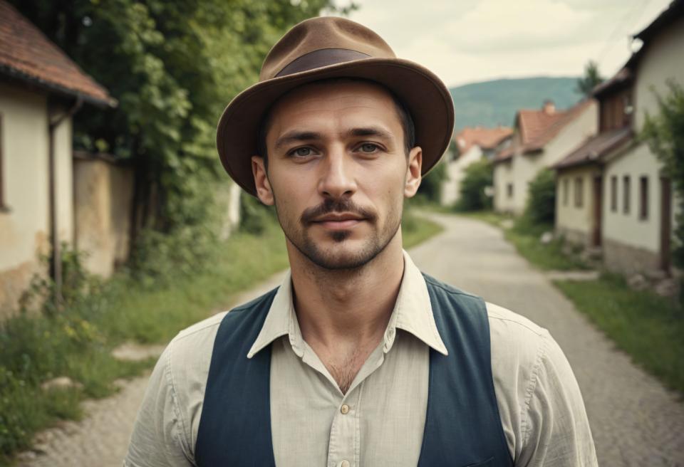 Face Swap, Vintage Style, Photographic Art , People, man, vintage style, 1boy, male focus, hat, solo, facial hair, outdoors, shirt, realistic, looking at viewer, blurry, white shirt, day, blurry background, vest, collared shirt, upper body, house, beard, brown headwear, tree, mustache, sky, closed mouth