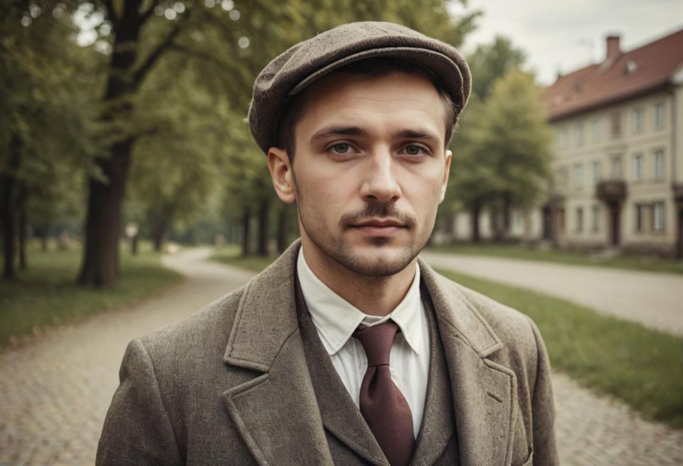 Face Swap, Vintage Style, Photographic Art , People, man, vintage style, 1boy, male focus, hat, solo, necktie, realistic, tree, outdoors, facial hair, looking at viewer, blurry, shirt, formal, blurry background, day, building, suit, white shirt, upper body, collared shirt