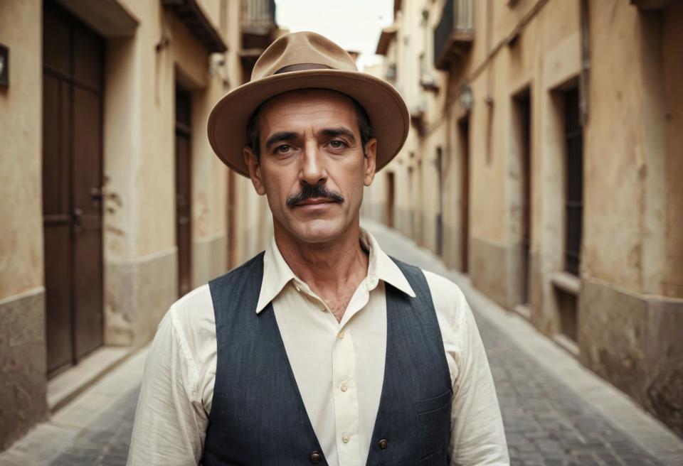 Face Swap, Vintage Style, Photographic Art , People, man, vintage style, 1boy, male focus, solo, hat, realistic, shirt, vest, facial hair, photo background, white shirt, outdoors, looking at viewer, mustache, black hair, blurry background, blurry, collared shirt, day, upper body, cowboy hat, black vest, buttons, brown headwear, building