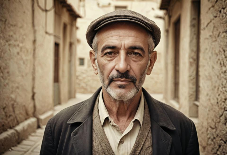 Face Swap, Vintage Style, Photographic Art , People, man, vintage style, 1boy, male focus, hat, solo, realistic, facial hair, looking at viewer, old, shirt, old man, blurry background, upper body, jacket, mustache, blurry, collared shirt, beard, photo background, grey hair, white shirt