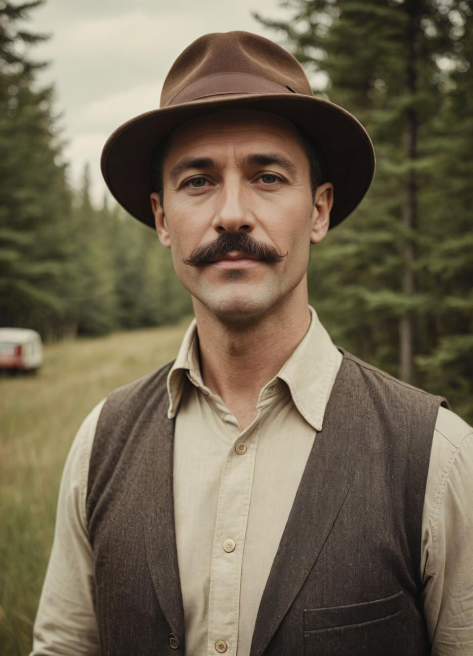 Face Swap, Vintage Style, Photographic Art , People, man, vintage style, 1boy, male focus, hat, vest, solo, realistic, facial hair, shirt, outdoors, mustache, looking at viewer, white shirt, blurry background, blurry, tree, upper body, collared shirt, brown vest, buttons, day, brown headwear, black vest, cowboy hat