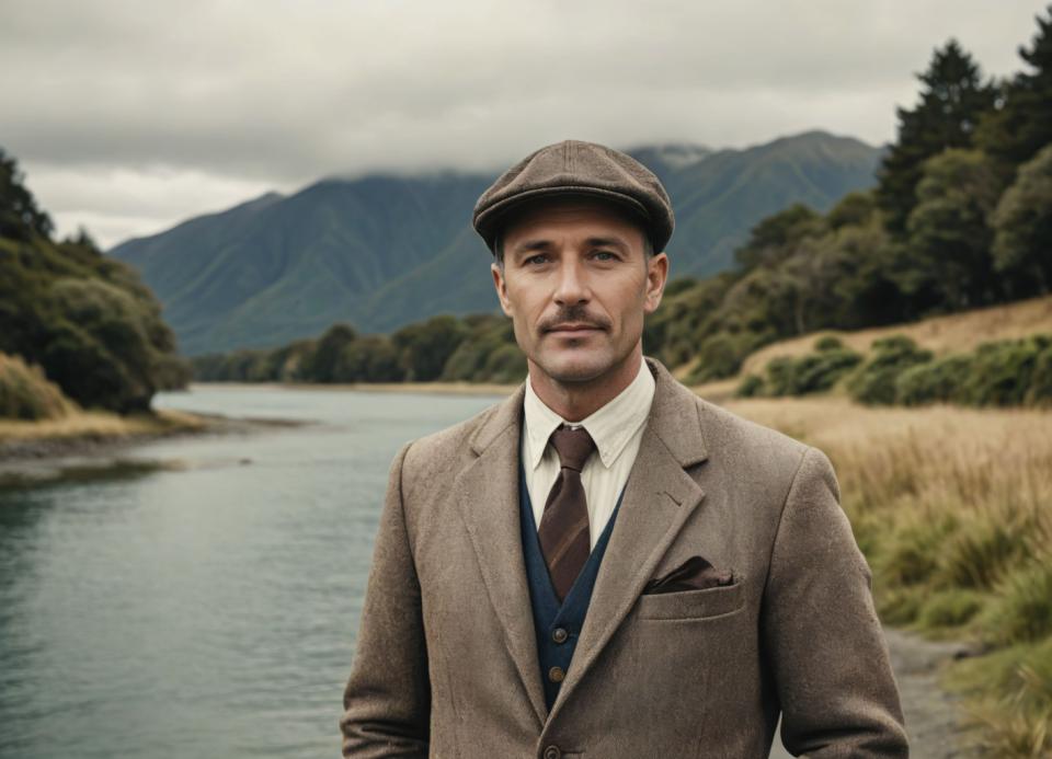 Face Swap, Vintage Style, Photographic Art , People, man, vintage style, 1boy, male focus, outdoors, hat, necktie, solo, facial hair, shirt, looking at viewer, white shirt, vest, realistic, collared shirt, lake, day, blurry, mountain, brown jacket, blurry background, jacket, tree, upper body, brown vest, brown headwear, sky, cloud, water, mustache