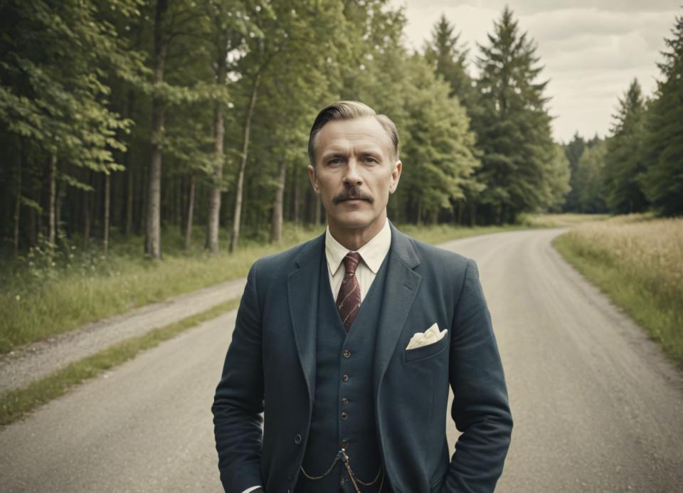 Ansigtsbytte, Vintage stil, Fotografisk kunst, Mennesker, mand,vintage stil, 1 dreng, mandligt fokus, udendørs, slips, solo, vest, skjorte, træ, realistisk, ser på seeren, jakke, formel, sort hår, moustache, ansigtshår, hvid skjorte, dragt, dag, skjorte med krave, rødt slips, foto baggrund, stribet slips, stribet, hænderne i lommerne, vej, sky, blå jakke, overkrop, sort vest, sort jakke, lange ærmer, natur, lomme