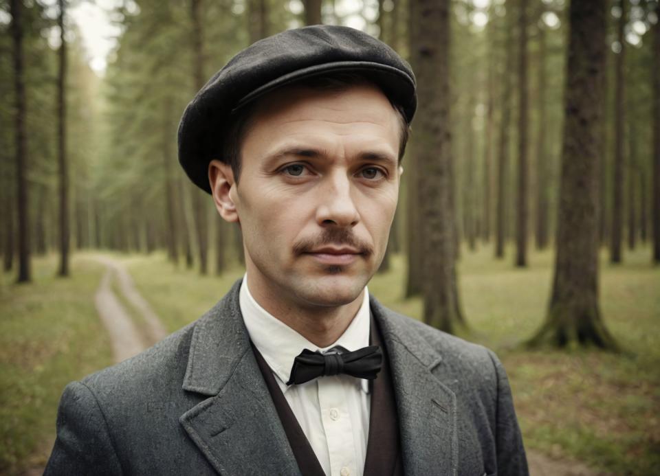 Face Swap, Vintage Style, Photographic Art , People, man, vintage style, 1boy, realistic, male focus, hat, solo, bowtie, bow, formal, looking at viewer, tree, suit, black hair, black bow, blurry background, blurry, black bowtie, outdoors, shirt, parody