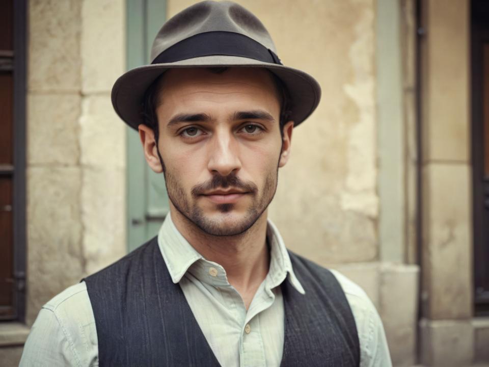 Face Swap, Vintage Style, Photographic Art , People, man, vintage style, 1boy, solo, male focus, hat, shirt, realistic, facial hair, vest, white shirt, looking at viewer, collared shirt, upper body, black hair, black vest, striped, closed mouth, beard, blurry background, indoors, short hair, blurry