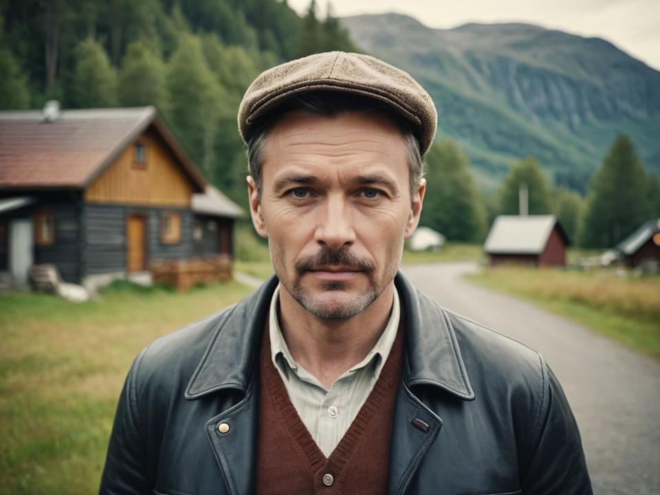 Face Swap, Vintage Style, Photographic Art , People, man, vintage style, 1boy, male focus, solo, outdoors, realistic, hat, facial hair, looking at viewer, house, blurry, shirt, jacket, mountain, blurry background, day, collared shirt, tree, white shirt, upper body, vest, buttons, brown vest, grass, grey hair, beard