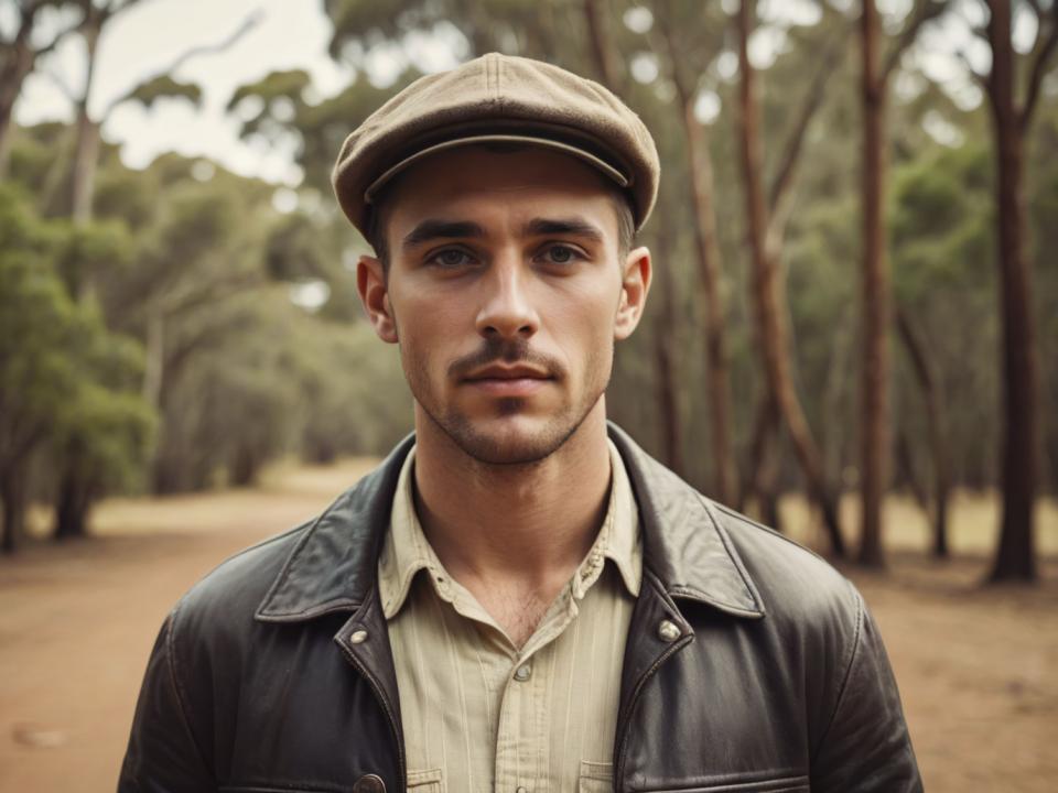 Face Swap, Vintage Style, Photographic Art , People, man, vintage style, 1boy, male focus, solo, realistic, hat, shirt, blurry background, outdoors, jacket, looking at viewer, facial hair, blurry, tree, black jacket, upper body, collared shirt, white shirt, closed mouth, day, short hair